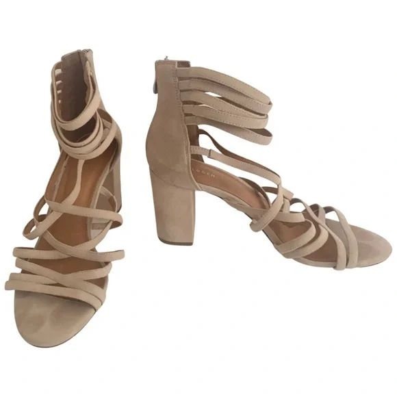 HALOGEN Block Heel Suede Zip Up Strappy Sandals Blush Tan Beige Summer Party - Picture 4 of 15